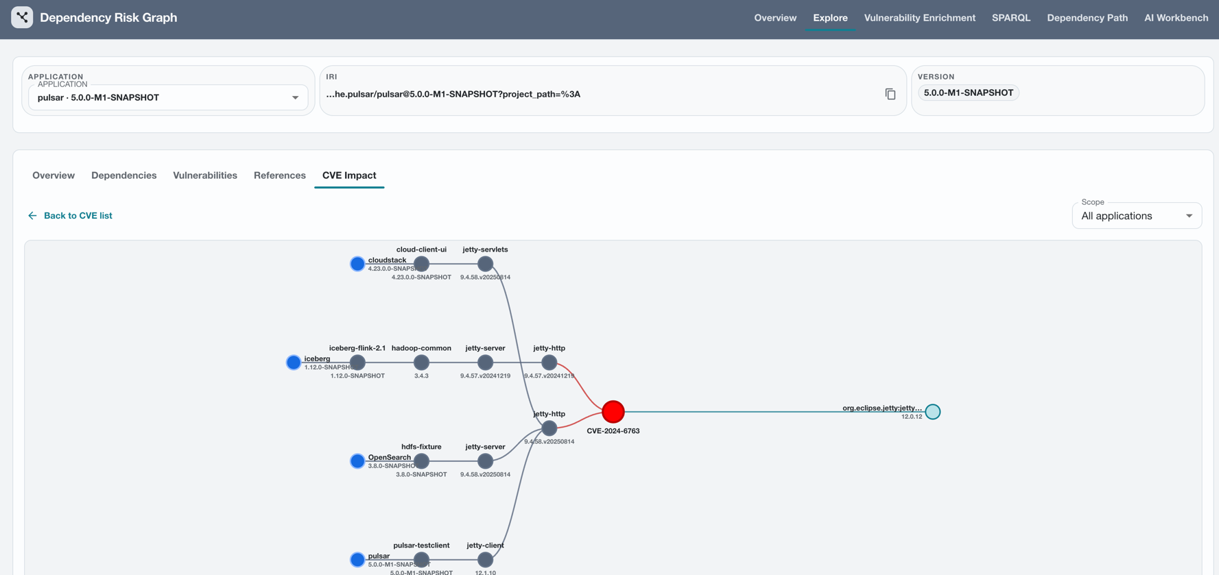 CVE impact graph with vulnerability details