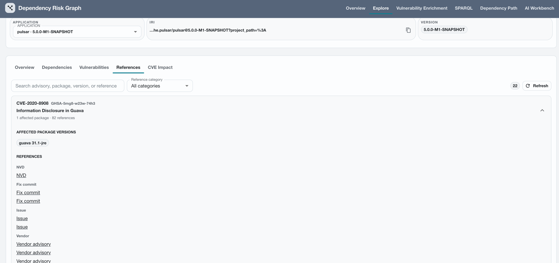 Explore vulnerability references screen