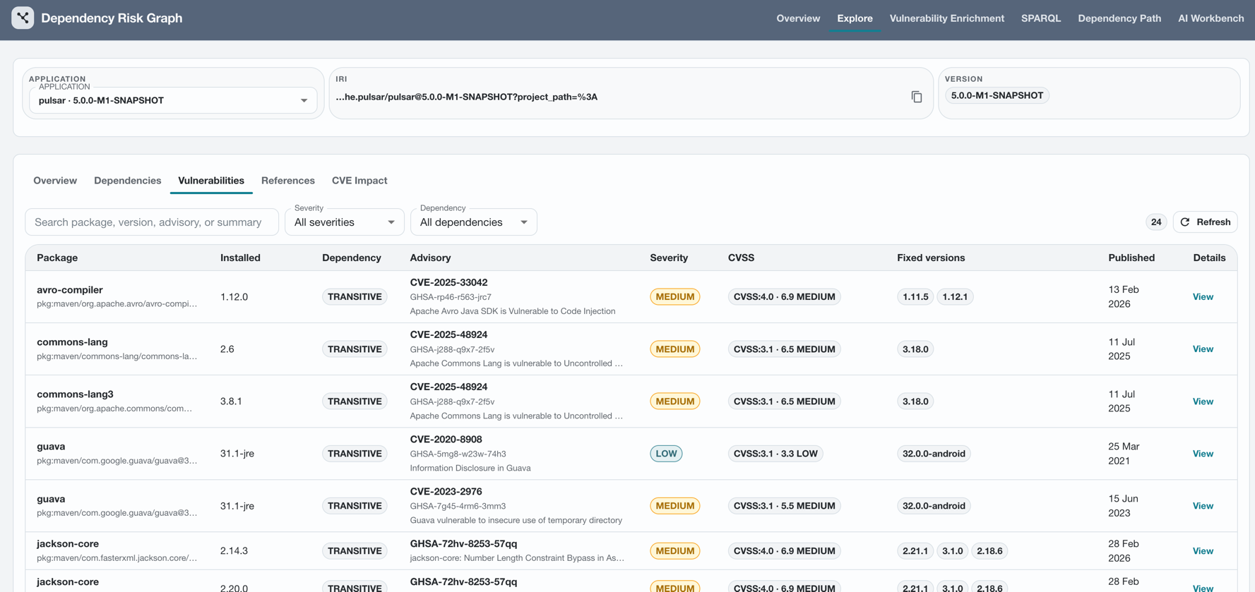 Explore vulnerabilities screen