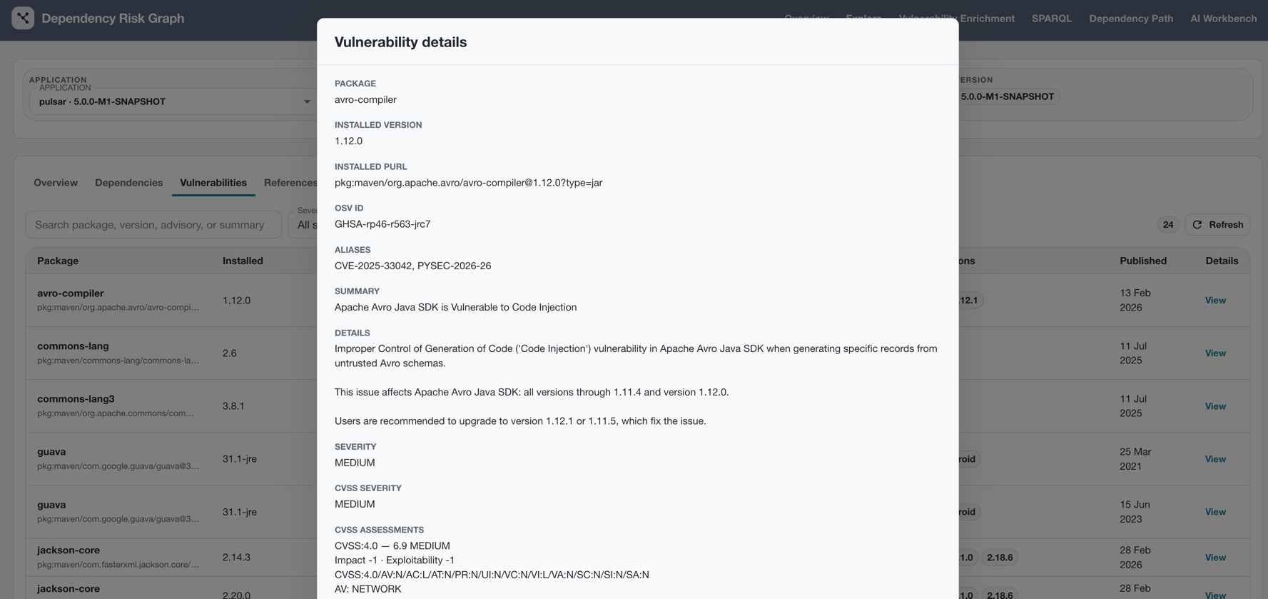 Vulnerability advisory details dialog
