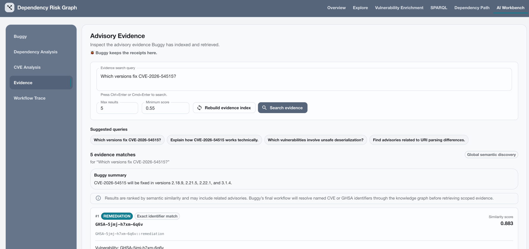 AI Workbench advisory evidence screen